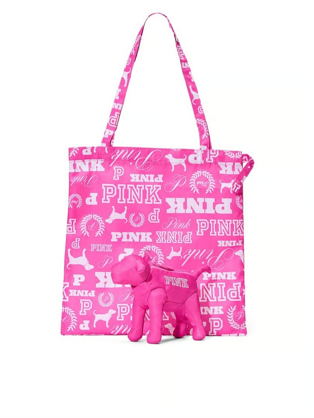 Victoria Secret PINK Packable Tote Bag Pink Gossip Dog Print with Dog Pouch